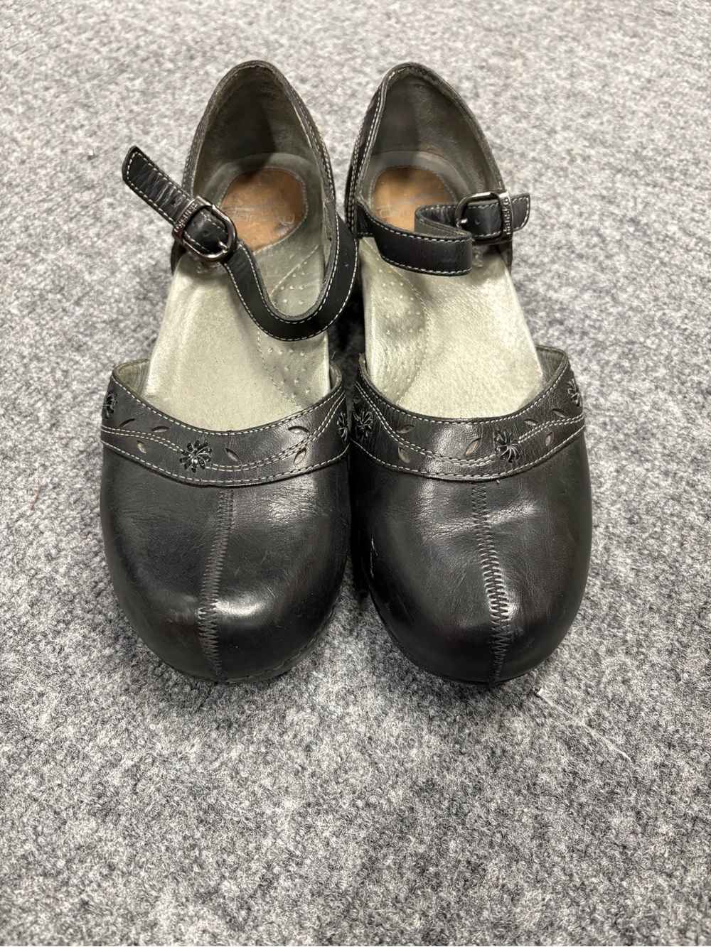 Dansko Black Leather Mary Jane Clogs with Floral Stitching